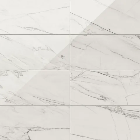 Polished Calacatta Quarzite porcelain marble look tile in 12x24 format, showcasing light grey veining on a white surface for a refined, modern aesthetic.