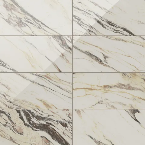 Polished Calacatta Viola porcelain tile in 12x24 format, showcasing brown veining on a beige base for a bold, luxurious design.