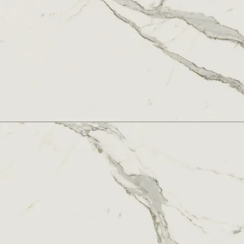 Calacatta marble look tiles featuring crisp white tones and light grey veining, ideal for adding timeless elegance and luxury to any interior space.