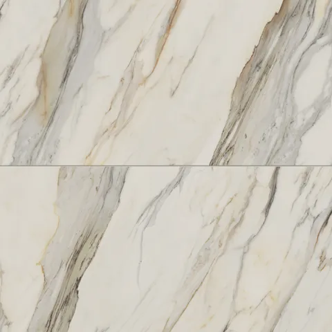 Matte Calacatta Cremo porcelain marble look tile in 24x48 format, showcasing taupe and light grey veining on a beige surface for an elegant, expansive look.