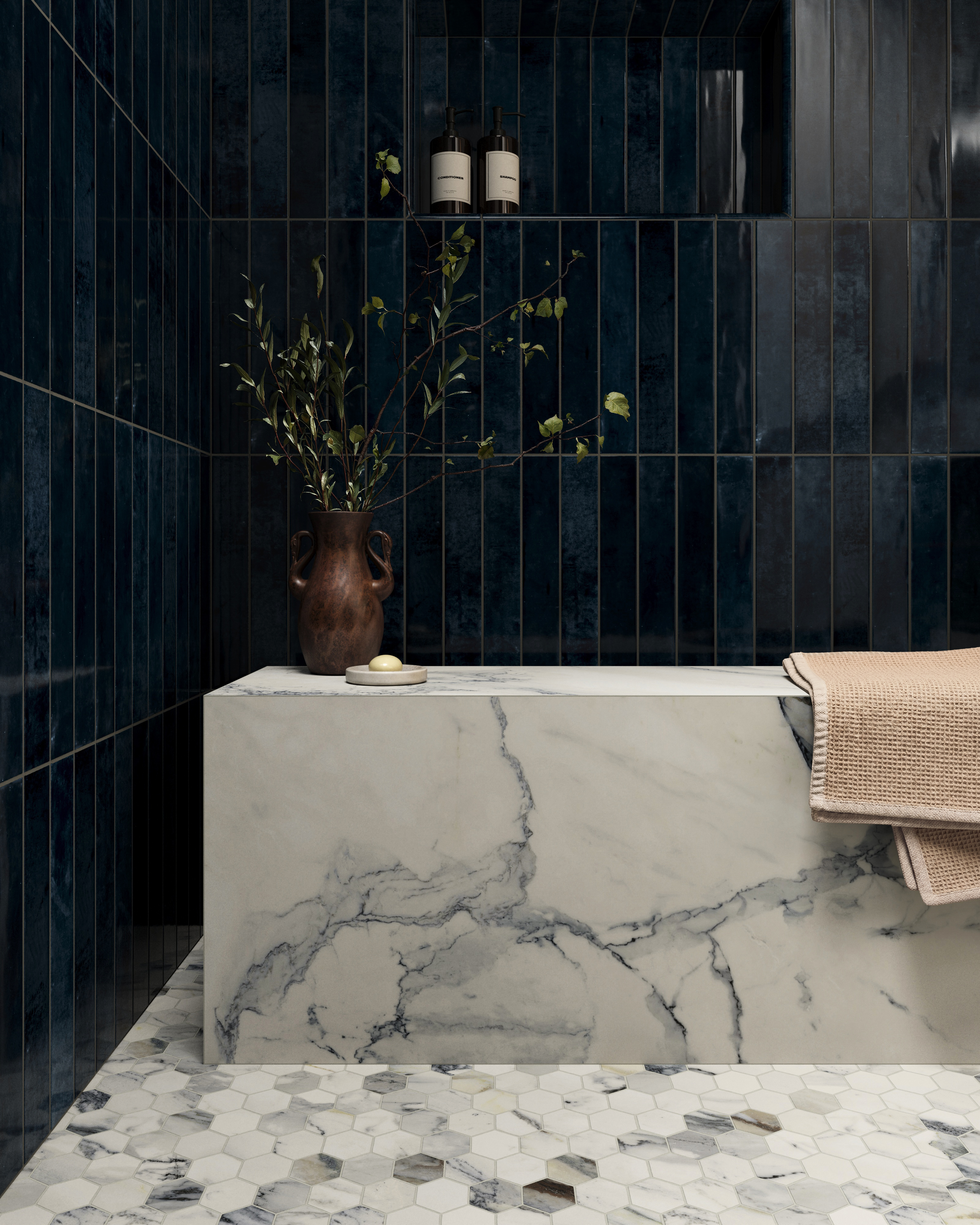 Jaden 2.5 x 16 Glossy Ceramic Tile in Navy | Edward Martin