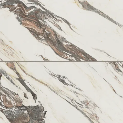 Close-up of 24x48 Calacatta marble look tiles featuring bold veining in brown in a beige background, ideal for adding a luxurious touch.