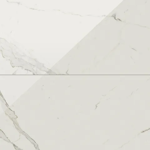 Calacatta Top marble look tiles with light grey veining and white base, polished for a sophisticated finish.
