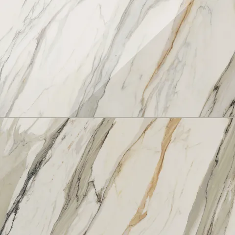 Close-up of Calacatta Cremo marble look tiles with beige and taupe veining in white background, polished for an elegant and refined finish.