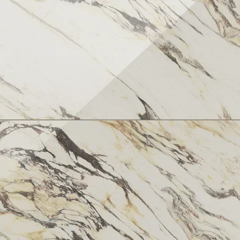 Polished Calacatta Viola marble look tiles showcasing dramatic brown and beige veining on a creamy white surface, exuding timeless elegance.