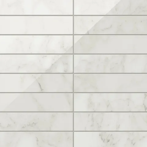 White polished marble look Carrara Bianco subway tiles with soft light grey veining, offering a timeless and elegant look for any modern or classic space.