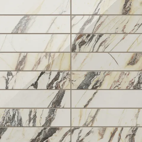 White polished Calacatta Viola subway tiles with a stunning marble look showcasing brown and beige veining for a striking, luxurious finish.