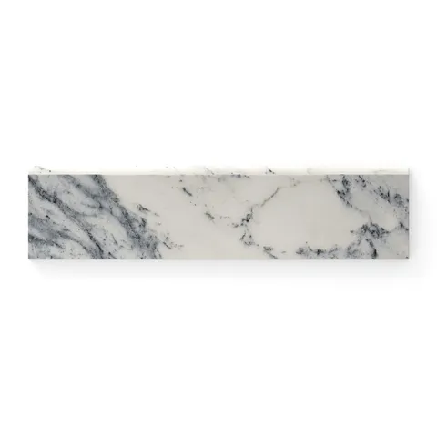 Matte Calacatta Antico 3x12 bullnose tile with light grey and blue veining in white background, ideal for seamless edging and a sophisticated finish.