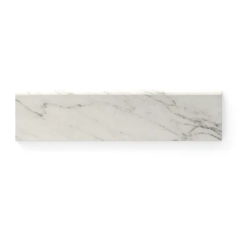 Calacatta Quarzite 3x12 bullnose marble look tile in matte with light grey veining on a white base, perfect for refined edging and a clean, modern finish.