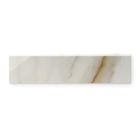 Calacatta Cremo 3x12 bullnose marble look tile with polished finish and white base showcasing beige tones with light grey and gold veining, perfect for an elegant and seamless finish.