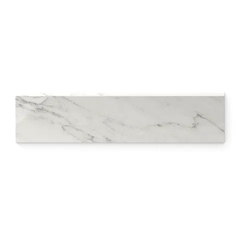 Polished Calacatta Quarzite 3x12 bullnose marble look tile featuring light grey veining in a white base, offering a modern and refined edging solution