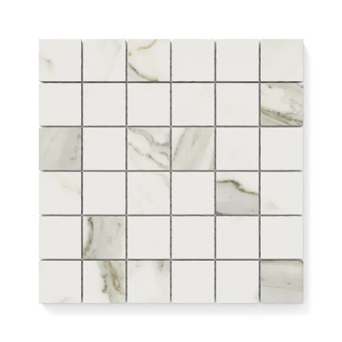 Elegant 2x2 matte Calacatta marble look mosaic tiles showcasing light grey and gold veining, ideal for sophisticated and timeless interior designs.