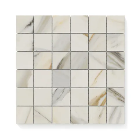 Matte Calacatta Antico 2x2 mosaic marble look tiles featuring taupe and warm golden veining, ideal for creating elegant and timeless interiors.
