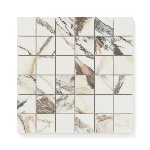 Vibrant 2x2 matte Calacatta Viola mosaic marble look tiles featuring striking veining in warm earth tones of brown and beige, perfect for bold and elegant designs.