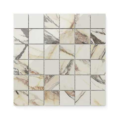 Calacatta Viola 2x2 mosaic marble look tiles with polished finish and bold brown and beige veining, exuding luxurious sophistication for statement designs.