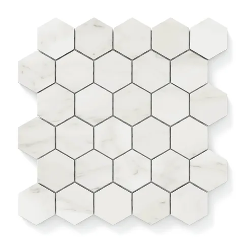 Matte Carrara Bianco hexagon mosaic marble look tiles in white, ideal for adding modern elegance to walls or floors.