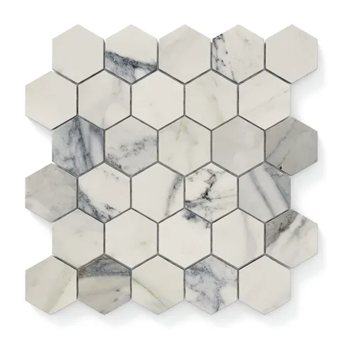 Calacatta Antico hexagon mosaic marble look tiles featuring soft white tones with light grey and blue veining, perfect for timeless and elegant designs.