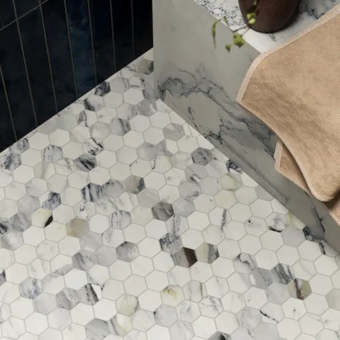 Aniston 2 x 2 Matte Porcelain Hexagon Mosaic Tile in Calacatta Antico