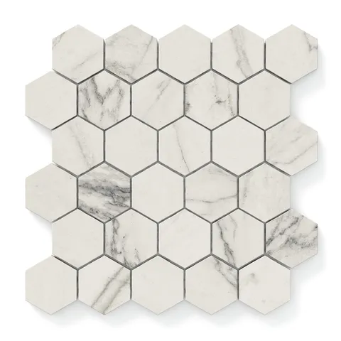 Calacatta Quarzite hexagon mosaic marble look tiles with light grey veining and a white base, offering a modern and sophisticated marble aesthetic.