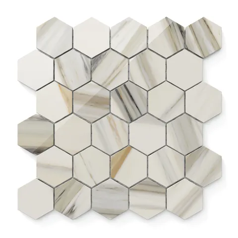 Polished Calacatta Cremo hexagon mosaic marble look tiles with soft beige and light grey veining, offering a warm and sophisticated aesthetic.
