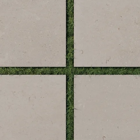 Wren 24x24 2cm matte porcelain pavers in a natural dune-beige finish, seamlessly arranged with lush green grass for a modern outdoor aesthetic.