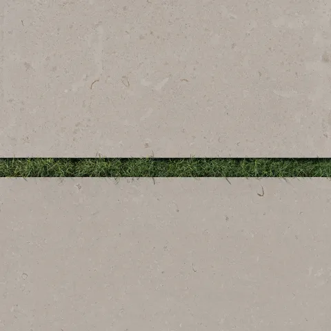 Detailed view of Wren 24x48 dune porcelain pavers with a 2cm outdoor matte finish, elegantly spaced with green grass for a modern and natural look.