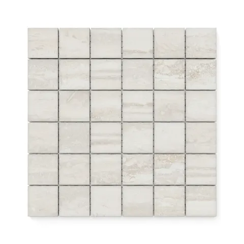 Wren Oat 2x2 matte porcelain mosaic tiles, featuring soft beige tones and subtle texture for elegant and versatile design applications.