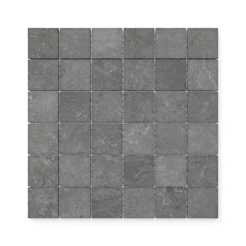 Wren Charcoal 2x2 matte porcelain mosaic tiles, showcasing their textured surface and versatile design for modern interiors.
