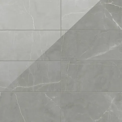 Leona 12x24 polished porcelain tile in Amani Grey, featuring elegant gray tones with subtle marble-like veining.