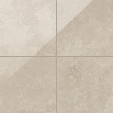 Leona 24x24 polished porcelain tile in Marfil, highlighting soft beige tones with a natural stone-inspired texture.