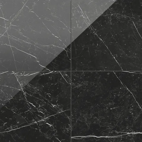 Leona 24x24 polished porcelain tile in Nero Marquina, showcasing a deep black surface with dramatic white veining.