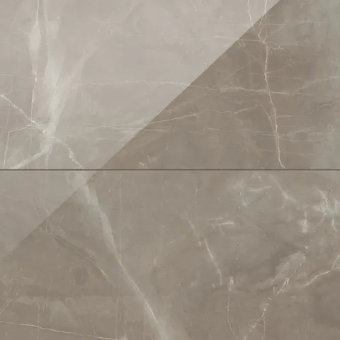 Leona 24x48 polished porcelain tile in Amani Bronze, featuring warm brown tones with subtle white veining for a sophisticated look.