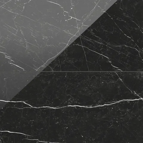 Leona polished porcelain tile in Nero Marquina with a rich black base and striking white veining, showcasing a glossy finish.
