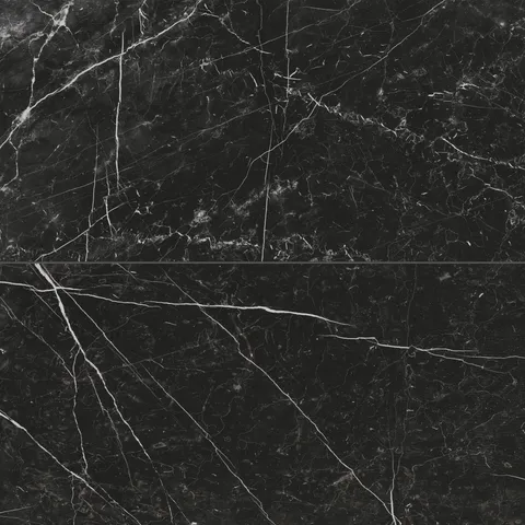 Leona Nero Marquina tile, 24x48 matte finish, featuring a bold black marble-look with striking white veining for a dramatic statement.