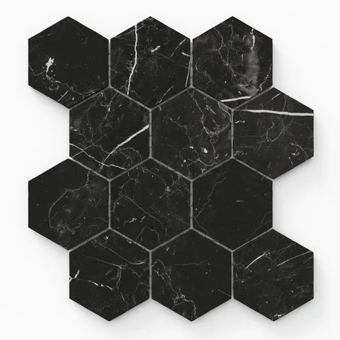 Leona Nero Marquina 3x3 hexagon mosaic matte tile, featuring bold black marble with subtle white veining for a refined, modern look.