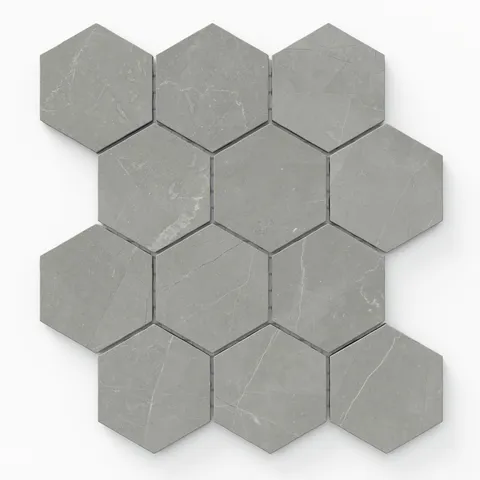 Leona Amani Grey 3x3 hexagon mosaic matte tile features a sleek grey finish with subtle veining, perfect for adding a modern touch to any space.