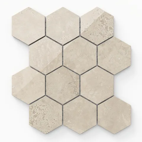 Leona Marfil 3x3 hexagon mosaic tile in a polished finish, showcasing soft beige tones with subtle texture and veining for timeless elegance.