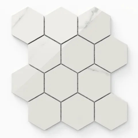 Leona Calacatta 3x3 hexagon mosaic tile in a polished finish, blending crisp white tones with soft gray veining for a chic geometric appeal.