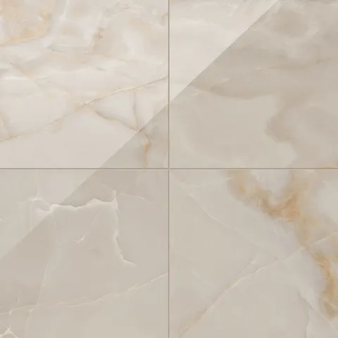 Astrid 24x24 polished porcelain tile in Sand, featuring a warm beige tone with soft gold and cream marble-like veining.