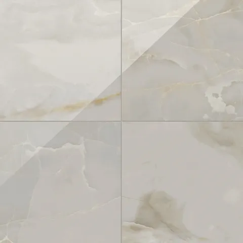 Astrid 24x24 polished porcelain tile in Oyster, showcasing soft gray tones with golden veining and a sleek glossy finish.