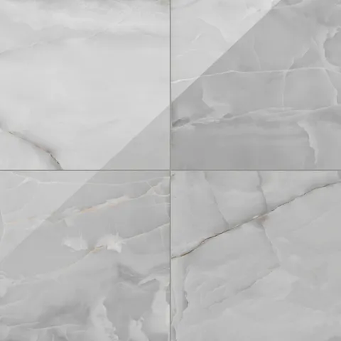 Astrid 24x24 polished porcelain tile in Slate, featuring rich gray tones with subtle veining and a glossy polished surface.