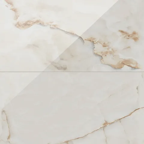 Astrid 24x48 polished porcelain tile in Alabaster, featuring creamy tones with warm veining and a high-gloss finish.