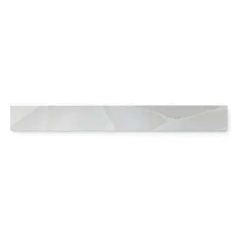 Astrid 3x24 polished porcelain bullnose tile in pearl, featuring a sleek white finish with delicate veining and a refined polished edge.