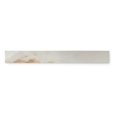 Astrid 3x24 polished porcelain bullnose tile in alabaster, highlighting a soft beige tone with subtle veining and a polished edge.