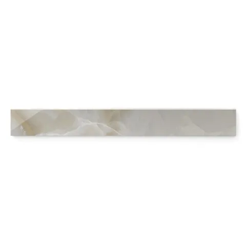 Astrid 3x24 polished porcelain bullnose tile in oyster, featuring a sophisticated blend of soft gray tones and gentle veining with a polished finish.