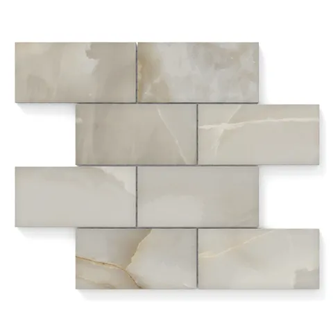 Astrid 3x6 matte porcelain mosaic tiles in Oyster shade, showcasing soft veining and a modern, elegant aesthetic.