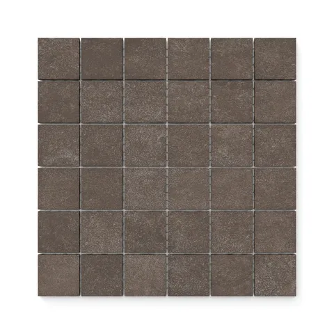 Deep espresso-toned 2x2 matte mosaic tiles with subtle textured detailing, ideal for creating rich and modern surfaces.