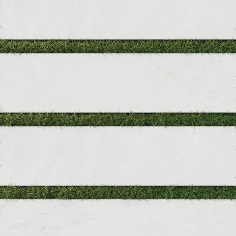 Carter Ash 12x48 Matte Porcelain Pavers, 2cm thick, in white tones with subtle stone-like patterns, integrated with green grass strips for a sleek outdoor look.