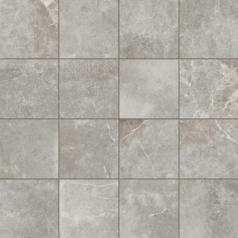 Polished gray 12x12 porcelain tiles in a matte finish, showcasing subtle veining and texture, ideal for a modern, sophisticated space.