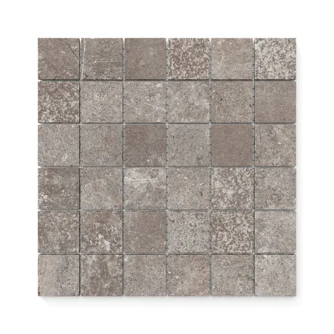 Chic 2x2 mosaic tiles in ash taupe tones with a matte finish, blending natural texture and veining for a stylish and versatile design.